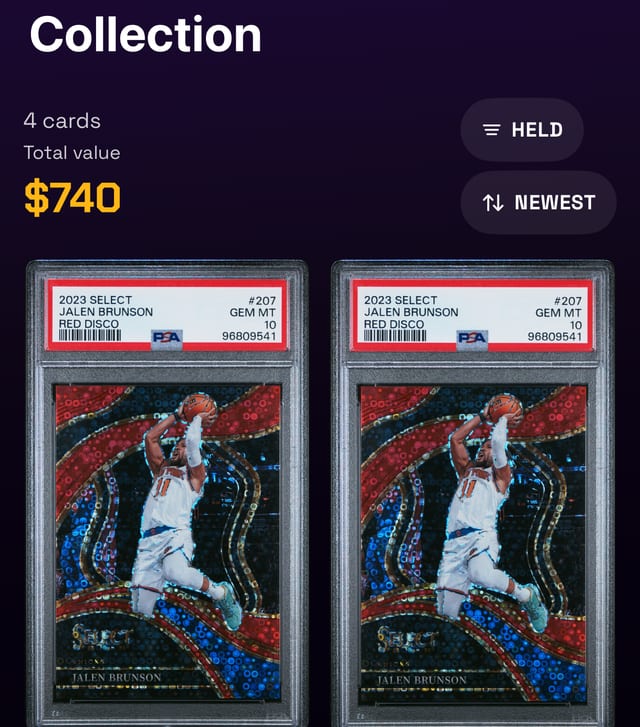 Sample Collection screen showing an example total of $740 and Jalen Brunson basketball slabs.